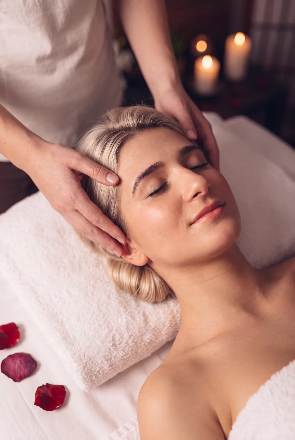 Mani che massaggiano il viso e la testa di una persona distesa, fra candele e petali di rosa